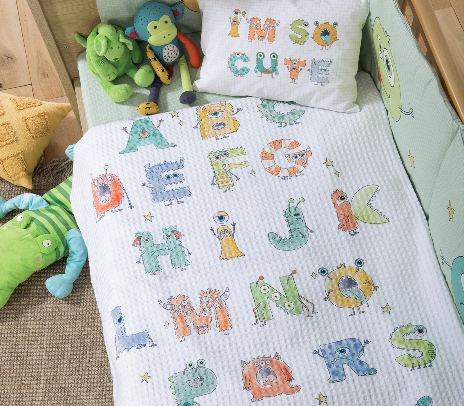 ΒΡΕΦΙΚΗ ΚΟΥΒΕΡΤΑ ΠΙΚΕ AΓΚΑΛΙΑΣ ALPHABET MONSTER 80X110 NEF-NEF HOMEWARE WHITE - Image 3