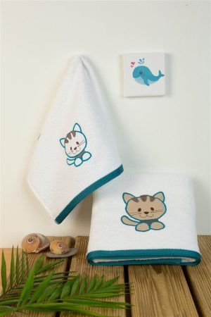 DIMcol ΠΕΤΣΕΤΑ Με Κέντημα Σετ 2 τεμ bebe Kitty 137 30X50,70X140 Λευκό 100% Cotton