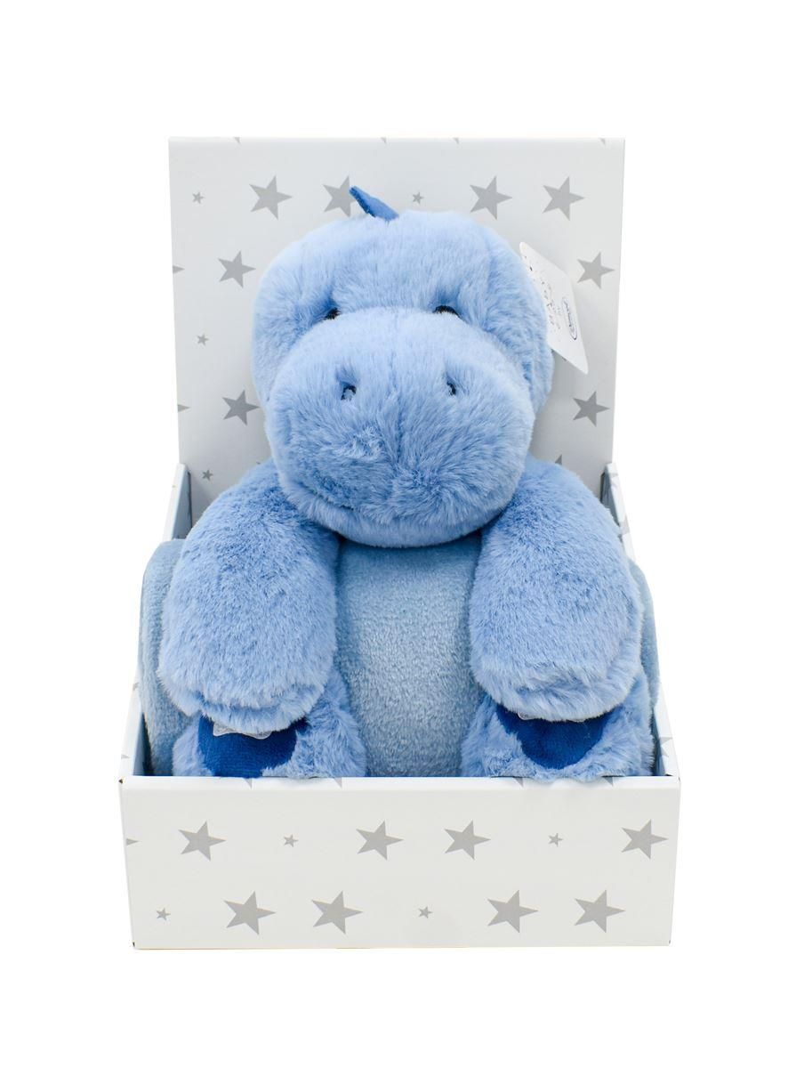 DIMcol Λούτρινο Ζωάκι Σετ 2 Τεμ. bebe Dinosaur 01 Ύψος 25 cm & Κουβέρτα Coral Fleece 75X90 cm Blue 100% Polyester