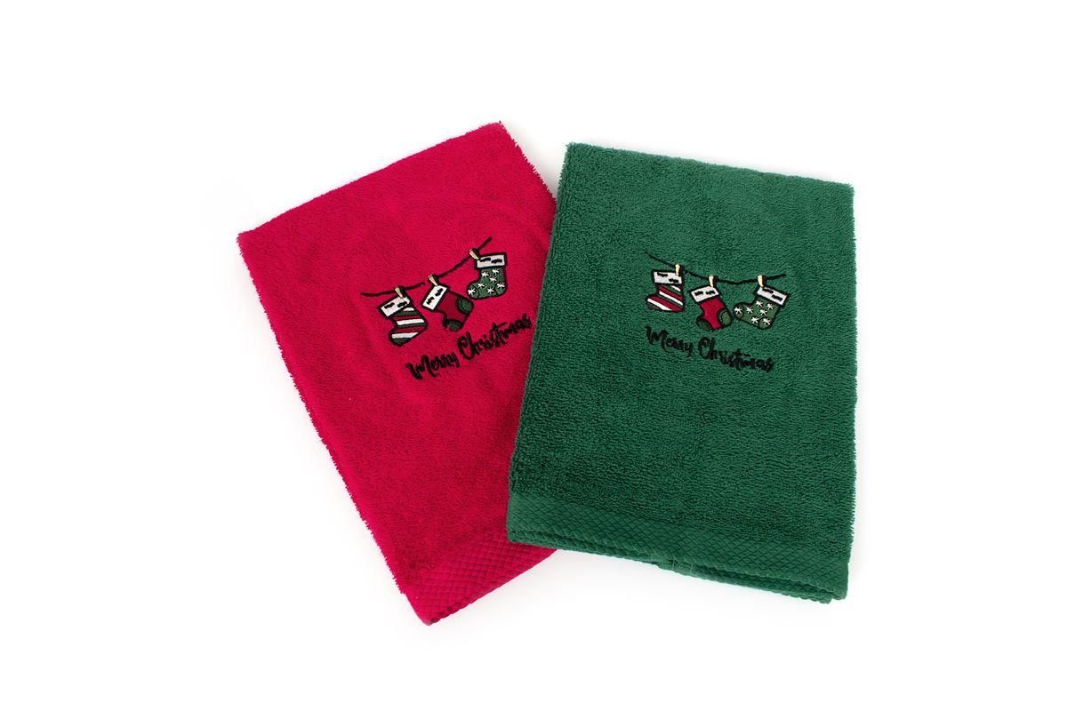 DIMcol Χριστουγεννιάτικο Σετ Πετσέτες 2 τεμ. 40X60 Christmas Socks Κόκκινο-Πράσινο 100% Cotton