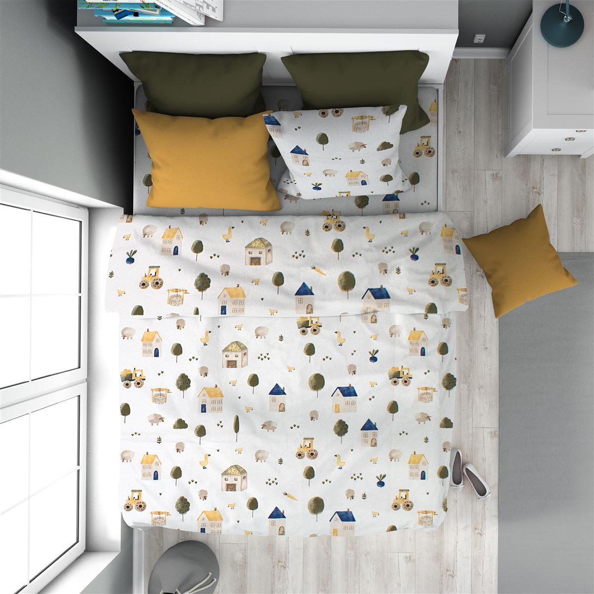 DIMcol Παπλωματοθήκη Εμπριμέ kids Village 579 160X240 White-Green 100% Cotton