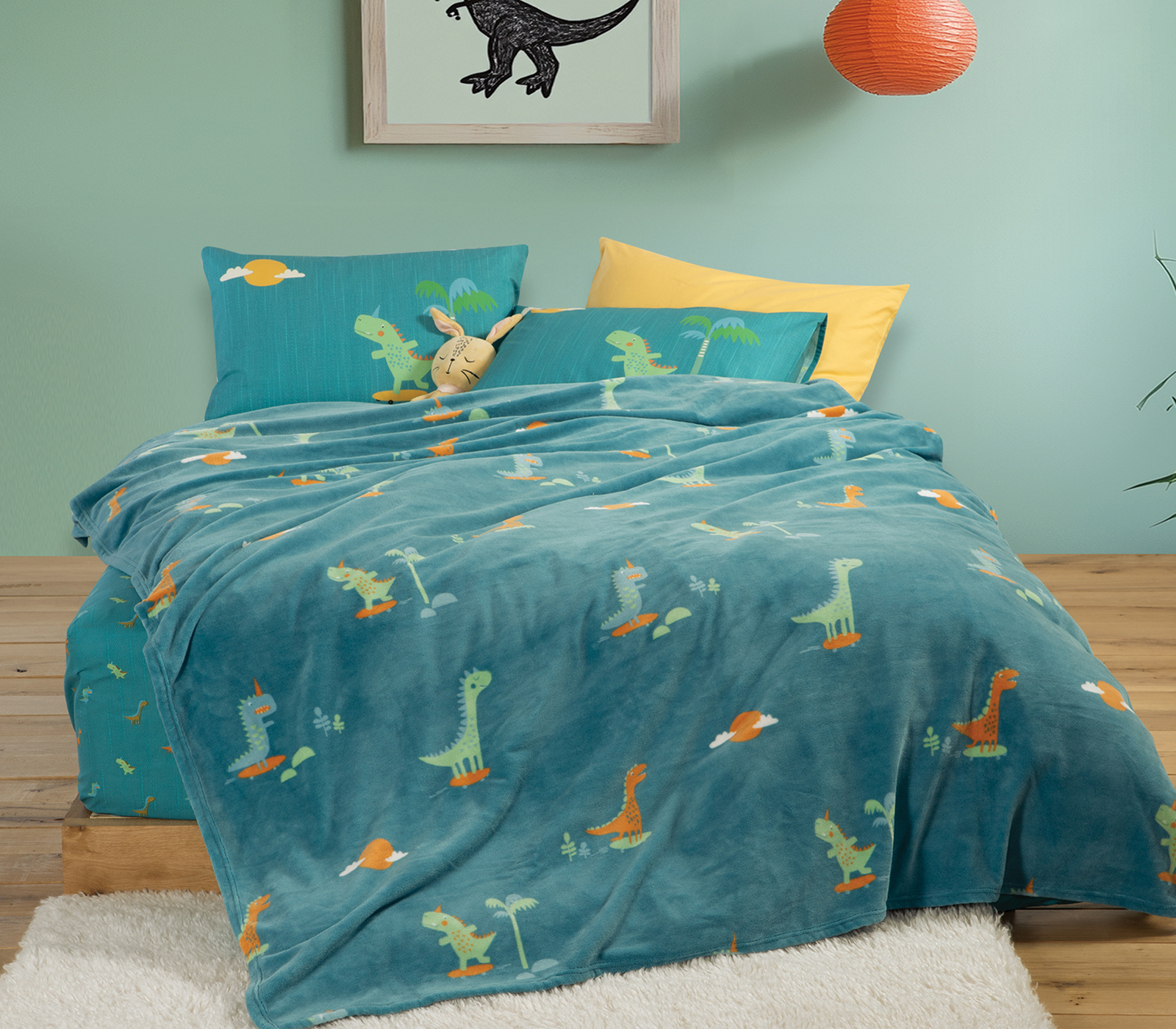 Nef-Nef Homeware ΚΟΥΒΕΡΤΑ FLEECE ΠΟΛ.DINOS ON WHEELS 160X220 PETROL