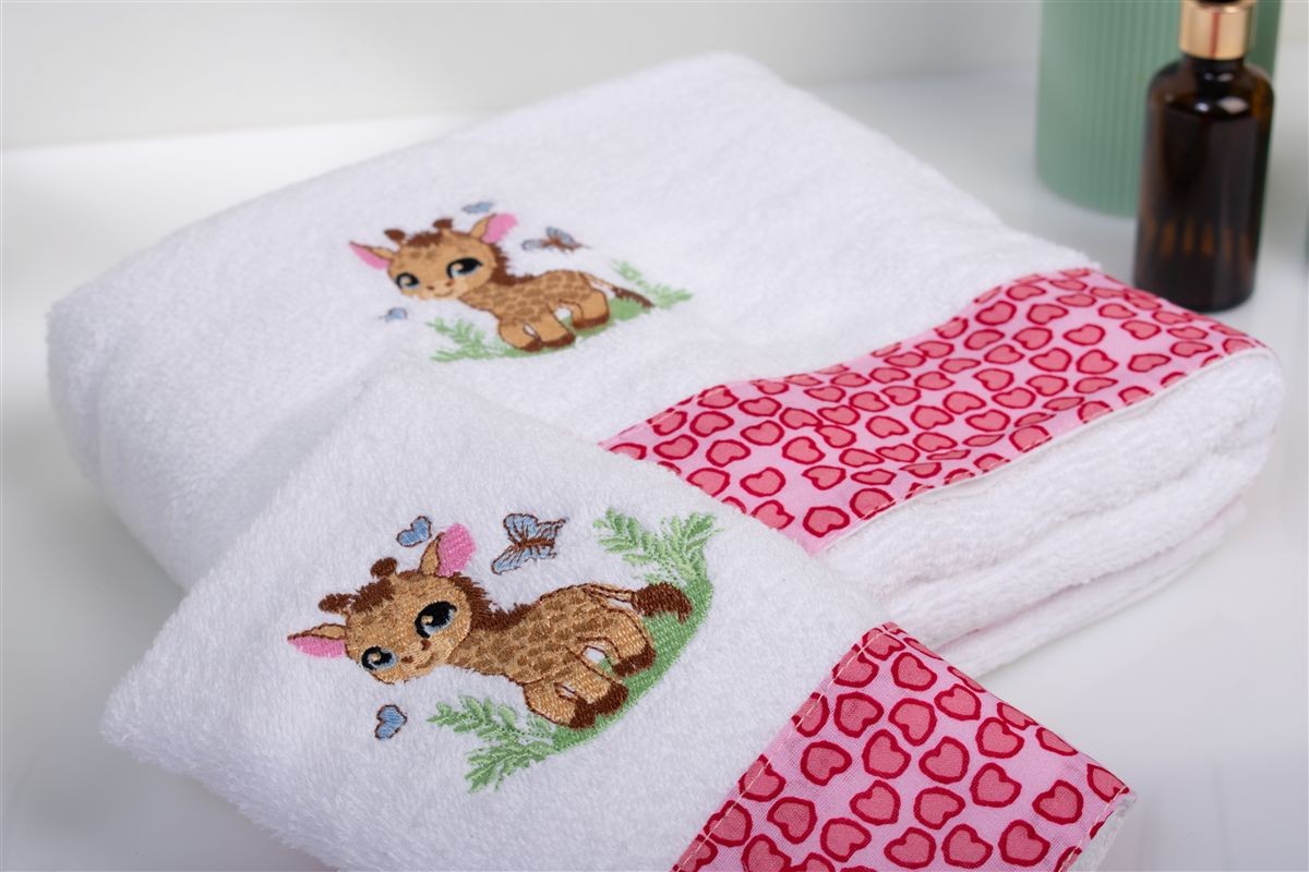 DIMcol Πετσέτα Με Κέντημα Σετ 2 τεμ bebe Giraffe 172 30X50,70X140 White-Pink 100% Cotton - Image 2