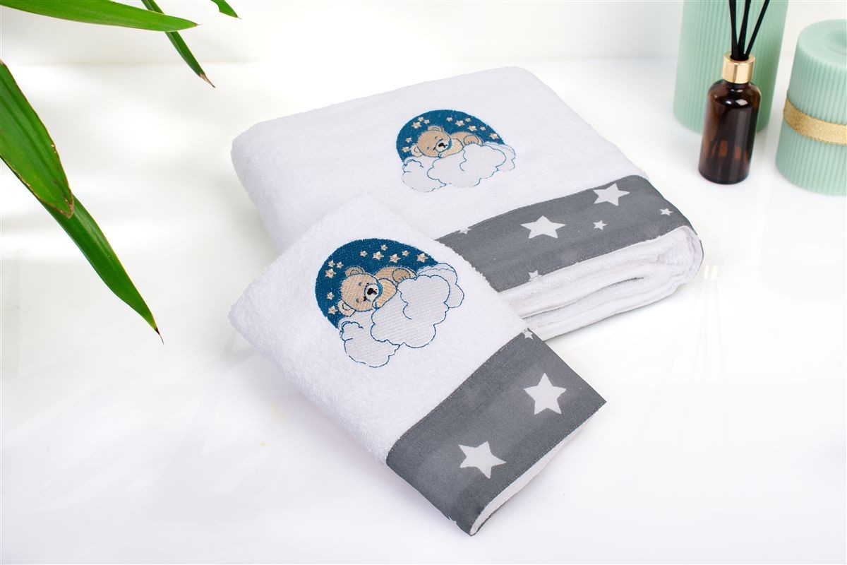 DIMcol Πετσέτα Με Κέντημα Σετ 2 τεμ bebe Cloudy Bear 176 30X50,70X140 White-Grey 100% Cotton