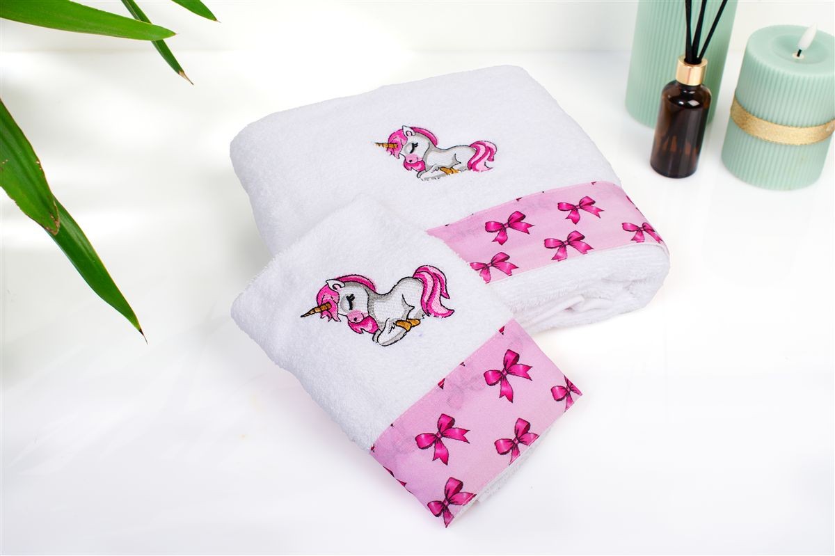 DIMcol Πετσέτα Με Κέντημα Σετ 2 τεμ bebe Unicorn 188 30X50,70X140 White-Pink 100% Cotton