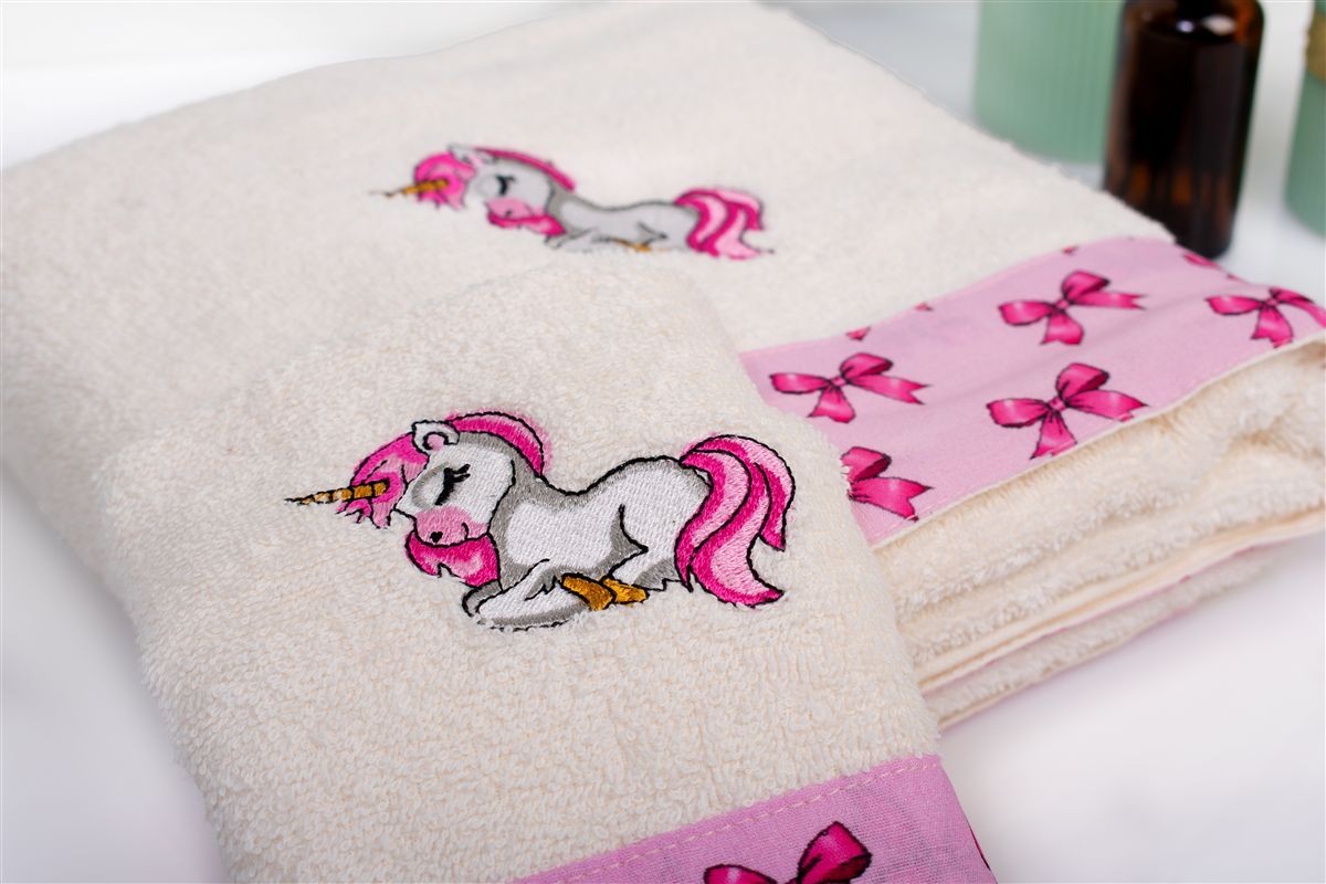 DIMcol Πετσέτα Με Κέντημα Σετ 2 τεμ bebe Unicorn 189 30X50,70X140 Ecru-Pink 100% Cotton - Image 2