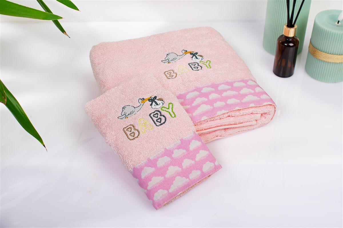 DIMcol Πετσέτα Με Κέντημα Σετ 2 τεμ bebe Stork 192 30X50,70X140 Pink 100% Cotton