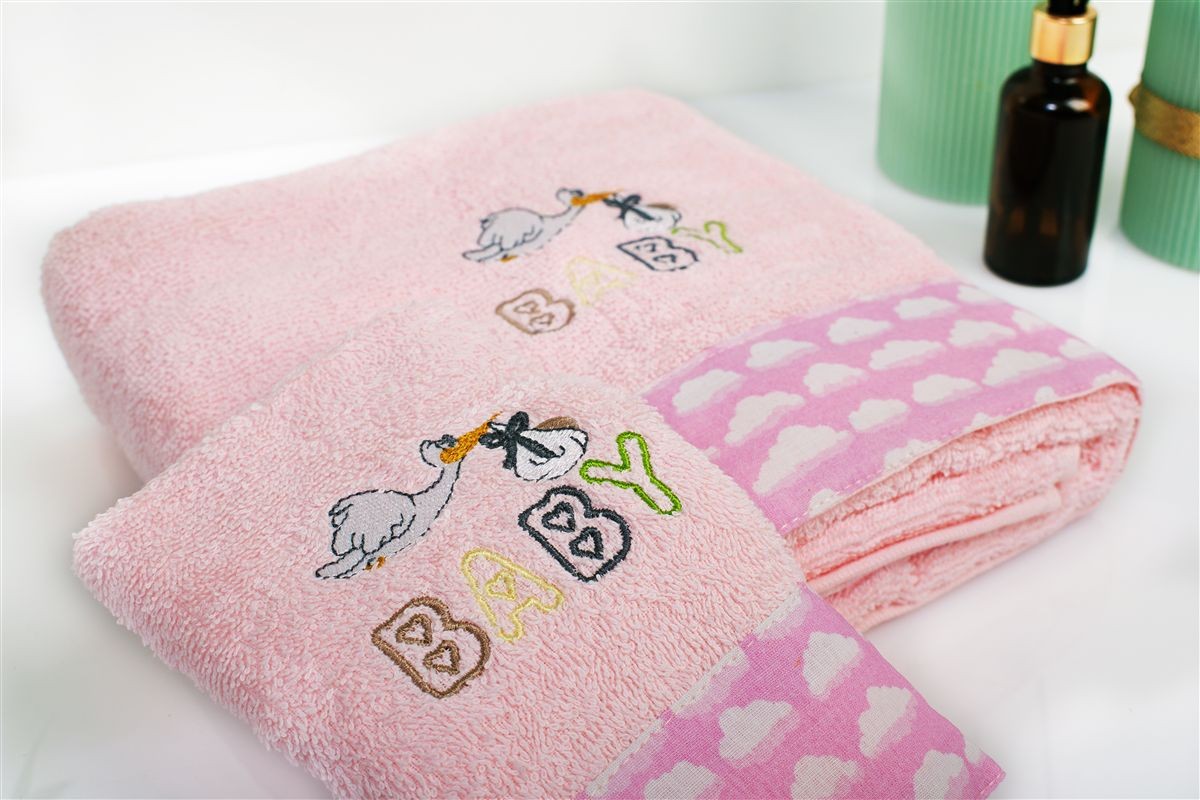 DIMcol Πετσέτα Με Κέντημα Σετ 2 τεμ bebe Stork 192 30X50,70X140 Pink 100% Cotton - Image 2