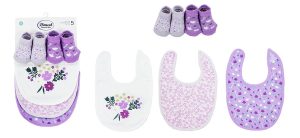 DIMcol Σαλιάρα Interlock & Επένδυση Terry με Velcro bebe Σετ 5 Τεμ. Flowers 27 30X20 White-Lilac 60/40 Cott/Pol
