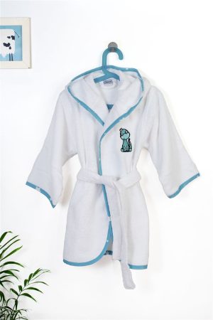 DIMcol Μπουρνούζι Με Κέντημα kids Dinosaur 180 White-Sky Blue % Cotton