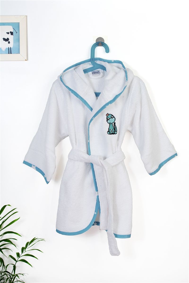 DIMcol Μπουρνούζι Με Κέντημα kids Dinosaur 180 White-Sky Blue % Cotton