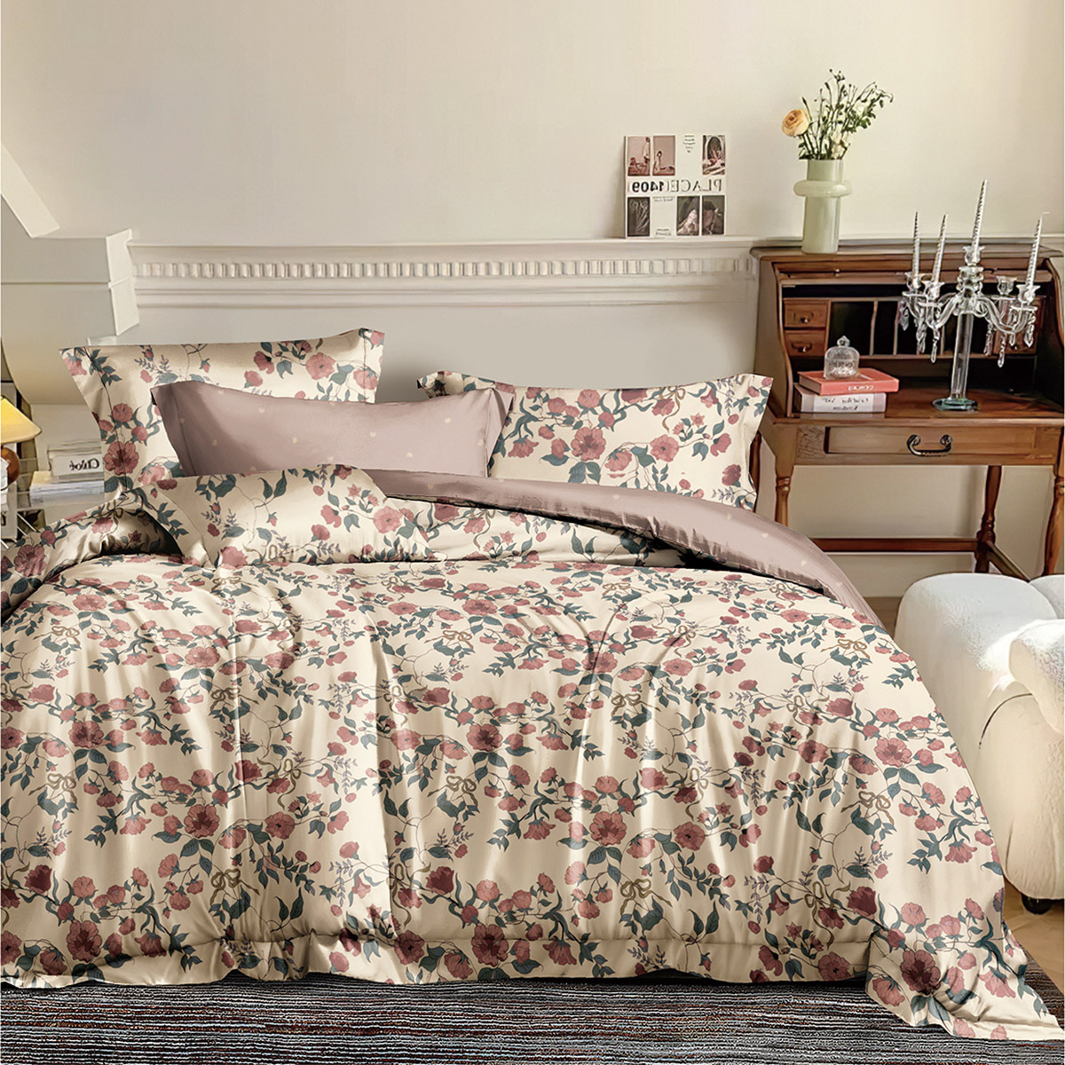 Beauty Home Σετ σεντόνια υπέρδιπλα με λάστιχο Memories Art 12676 165x200+30 Μπεζ,Ροζ