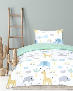 Kocoon Kids Σετ Σεντόνια Μονά με Λάστιχο - Wildie Λευκό, Πράσινο, Σιέλ