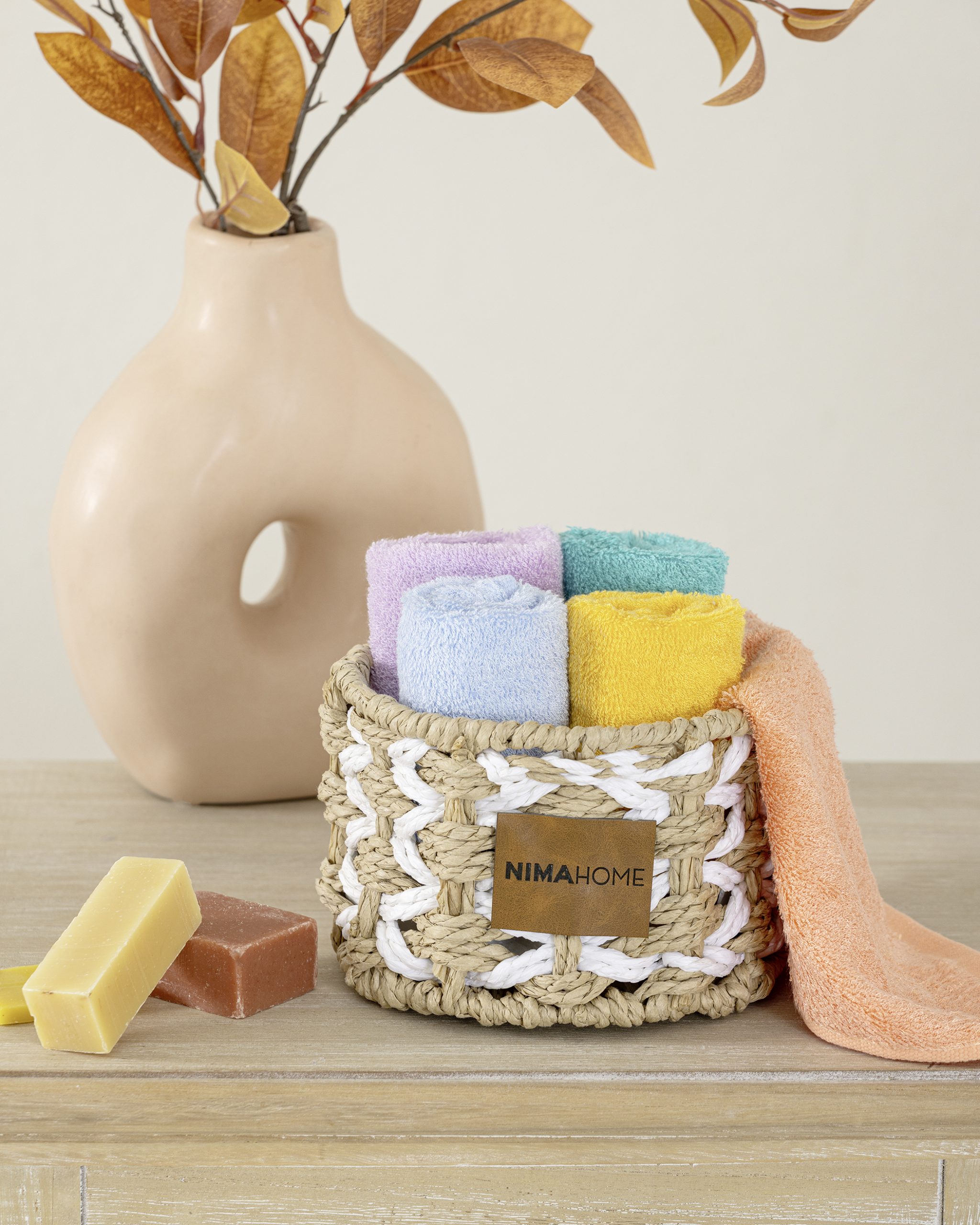 Nima Home Καλαθάκι με 5 τεμάχια Λαβέτες - Bamboo Calm Σιέλ, Τιρκουάζ, Μπλε, Κίτρινο, Ροζ, Λιλά