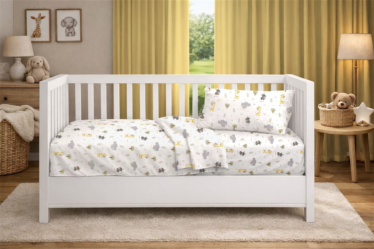DIMcol Κατωσέντονο Με Λάστιχο bebe Happy Safari 713 0,70X1,40X0,15 White-Grey 100% Cotton