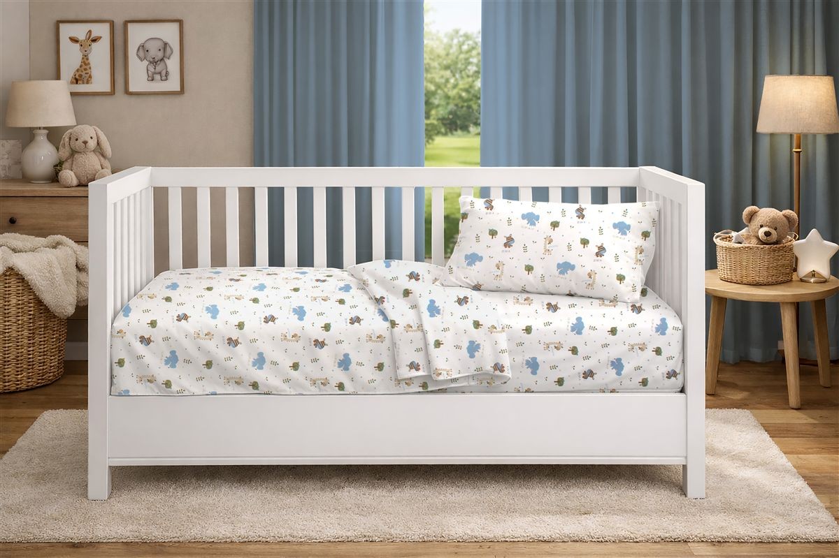 DIMcol Παπλωματοθήκη Εμπριμέ bebe Happy Safari 711 120X160 White-Sky Blue 100% Cotton