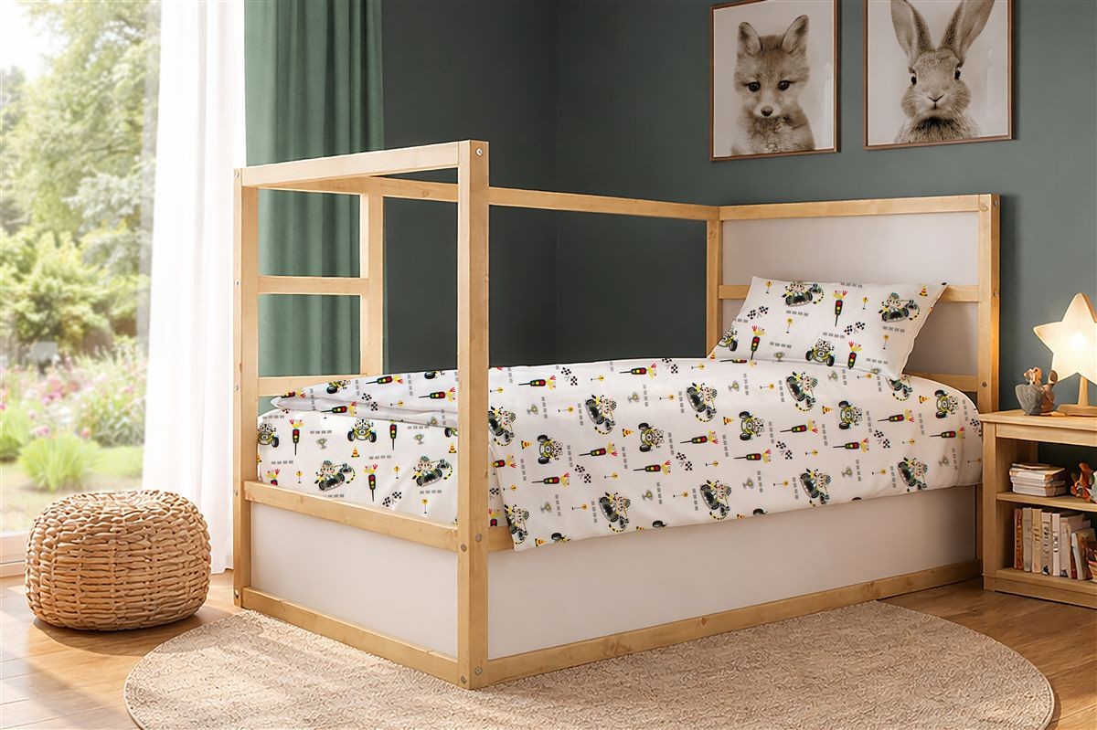 DIMcol Σεντόνια Εμπριμέ Σετ 2 τεμ kids Animal Grand Prix 590 160X240 White-Olive 100% Cotton