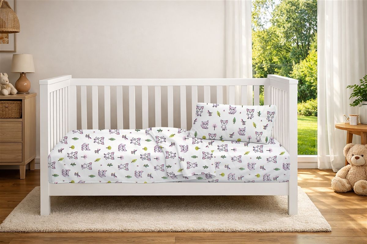 DIMcol Σεντόνια Εμπριμέ Σετ 3 τεμ bebe Baby Foxes 594 120X160 White-Pastel Lilac 100% Cotton