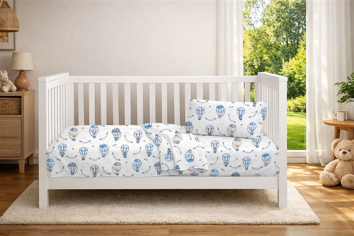 DIMcol Σεντόνια Εμπριμέ Σετ 3 τεμ bebe The Floating Zoo 596 120X160 White-Blue 100% Cotton