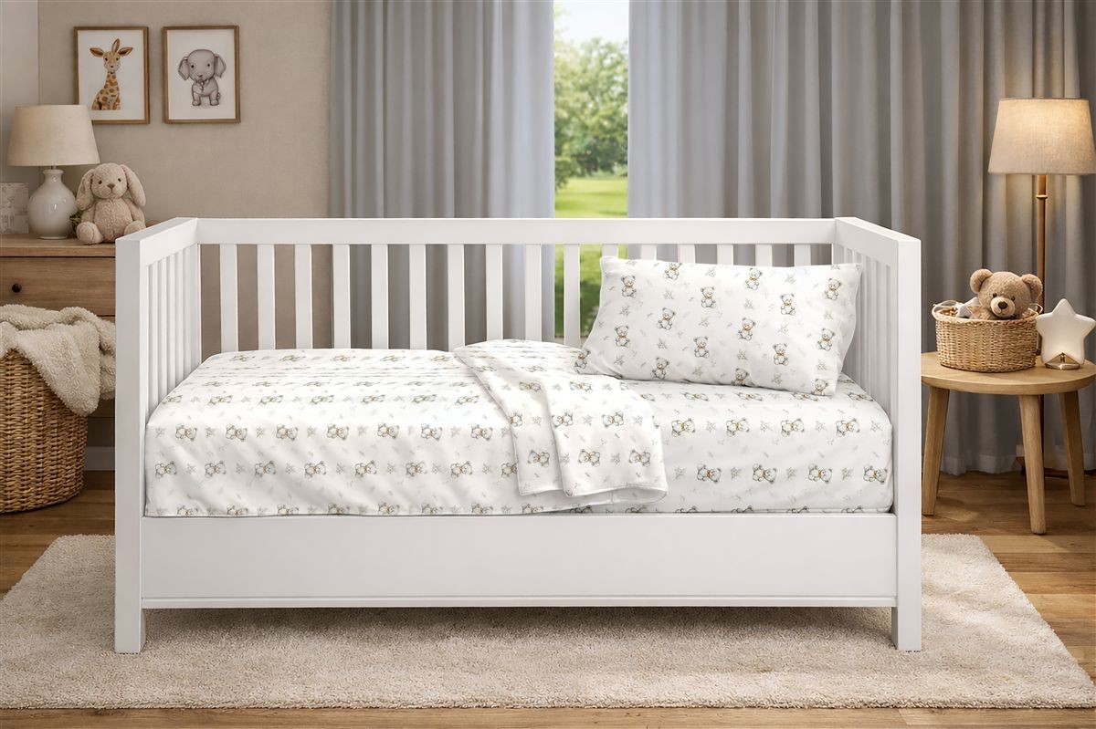 DIMcol Παπλωματοθήκη Εμπριμέ bebe Newborn Bear 717 120x160 White-Grey 100% Cotton
