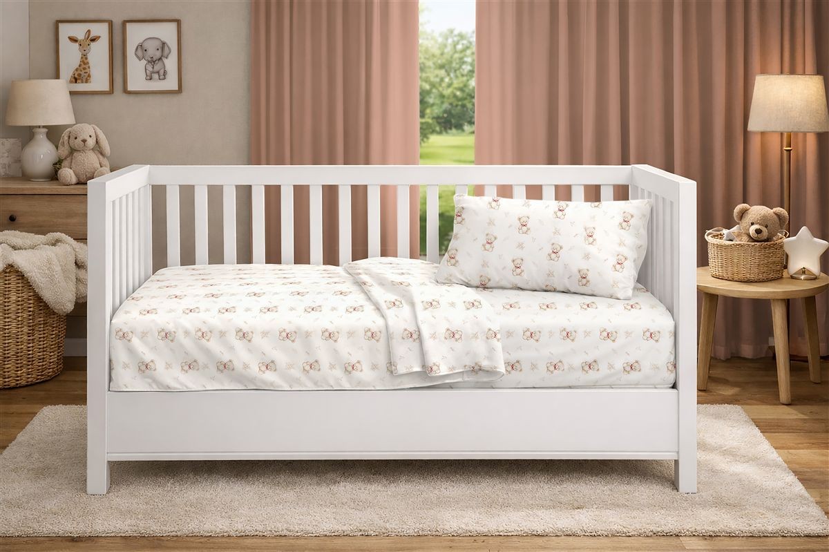 DIMcol Σεντόνια Εμπριμέ Σετ 3 τεμ bebe Newborn Bear 716 120x160 White-Beige 100% Cotton
