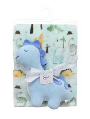 DIMcol Λούτρινο Ζωάκι Σετ 2 Τεμ. bebe Dinosaur 22 Ύψος 25 cm & Εμπριμέ Κουβέρτα Coral Fleece 75x100 cm Sky Blue 100% Polyester