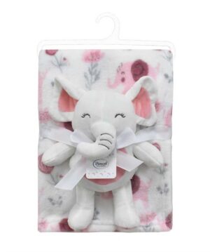 DIMcol Λούτρινο Ζωάκι Σετ 2 Τεμ. bebe Elephant 20 Ύψος 25 cm & Εμπριμέ Κουβέρτα Coral Fleece 75x100 cm White-Pink 100% Polyester