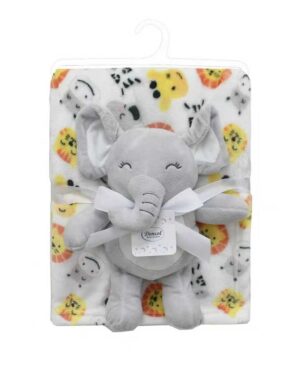 DIMcol Λούτρινο Ζωάκι Σετ 2 Τεμ. bebe Elephant 23 Ύψος 25 cm & Εμπριμέ Κουβέρτα Coral Fleece 75x100 cm Grey 100% Polyester