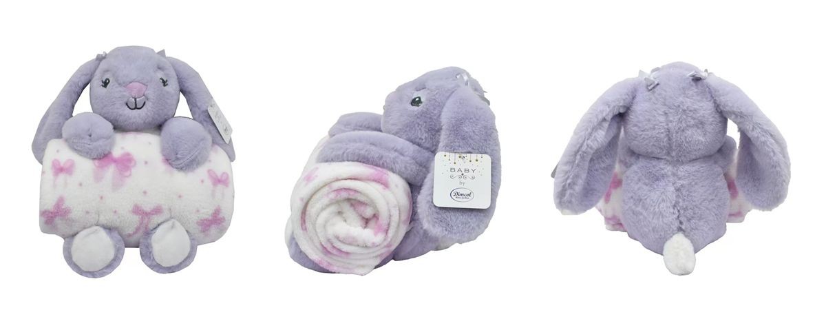DIMcol Λούτρινο Ζωάκι Σετ 2 Τεμ. bebe Rabbit 17 Ύψος 30 cm & Εμπριμέ Κουβέρτα Coral Fleece 75x90 cm Lilac 100% Polyester