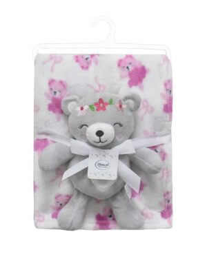 DIMcol Λούτρινο Ζωάκι Σετ 2 Τεμ. bebe Teddy Bear 21 Ύψος 25 cm & Εμπριμέ Κουβέρτα Coral Fleece 75x100 cm Grey 100% Polyester
