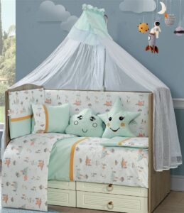 DIMcol Προίκα Μωρού Εμπριμέ Σετ 9 τεμ bebe Forest 10 White-Mint 100% Cotton