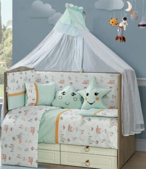 DIMcol Προίκα Μωρού Εμπριμέ Σετ 9 τεμ bebe Forest 10 White-Mint 100% Cotton