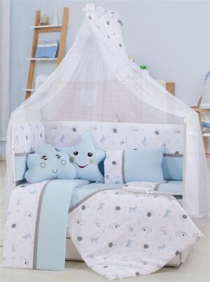DIMcol Προίκα Μωρού Εμπριμέ Σετ 9 τεμ bebe Forest 11 White-Sky Blue 100% Cotton