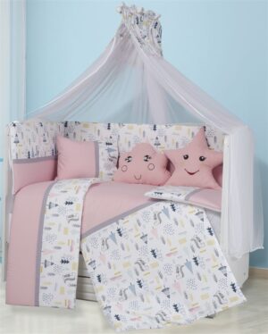 DIMcol Προίκα Μωρού Εμπριμέ Σετ 9 τεμ bebe Forest 12 White-Pink 100% Cotton