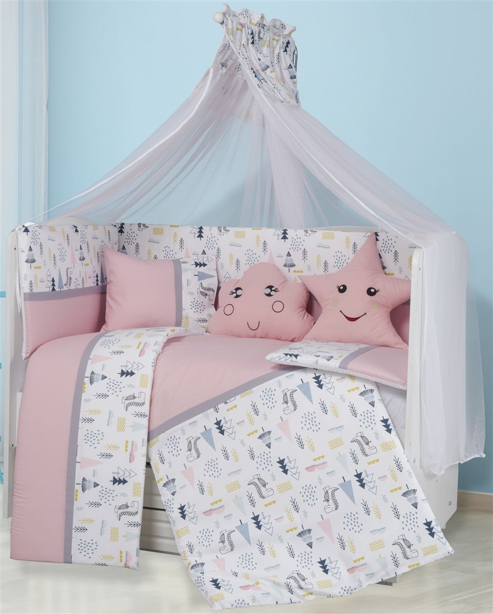 DIMcol Προίκα Μωρού Εμπριμέ Σετ 9 τεμ bebe Forest 12 White-Pink 100% Cotton