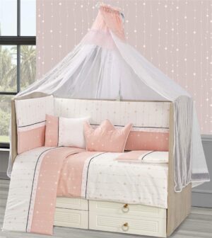 DIMcol Προίκα Μωρού Εμπριμέ Σετ 9 τεμ bebe Stars 15 White-Coral Pink 100% Cotton