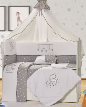 DIMcol Προίκα Μωρού Με Κέντημα Σετ 9 τεμ bebe Sweet Dreams 08 White-Grey 100% Cotton
