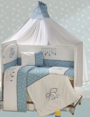 DIMcol Προίκα Μωρού Με Κέντημα Σετ 9 τεμ bebe Sweet Dreams 10 White-Sky Blue 100% Cotton
